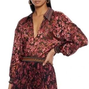 Alice + Olivia Desiree Floral Sik Combo Blouse in Red / Pink combo